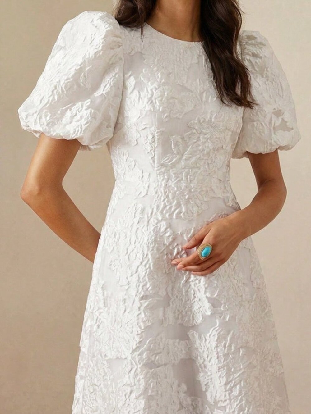 White Preppy Women's Romantic Rose 3D V-Neck Petal Sleeve Cinched Waist Dress